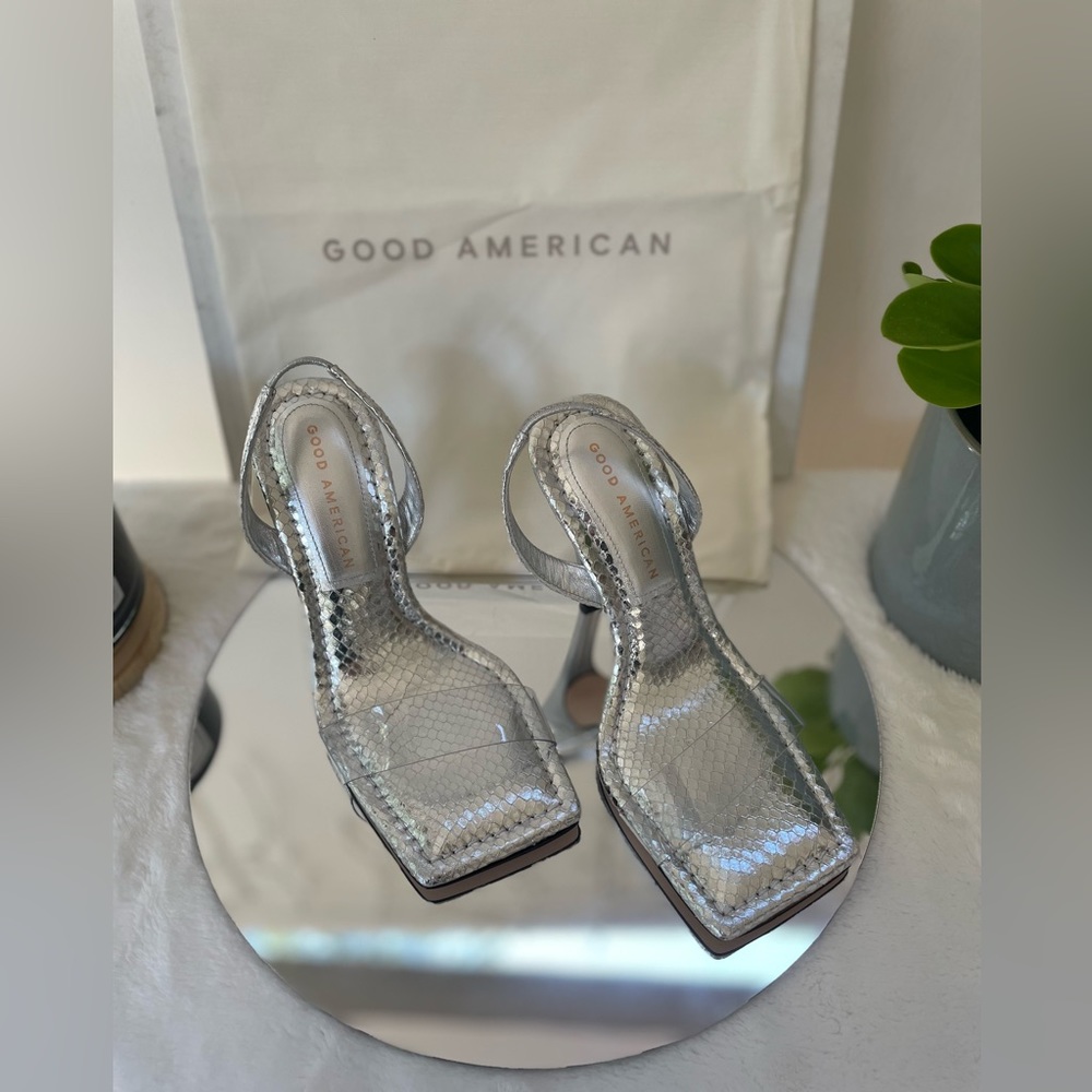 👠 New Good American Open Square Toe Heels Silver Snake Size 4